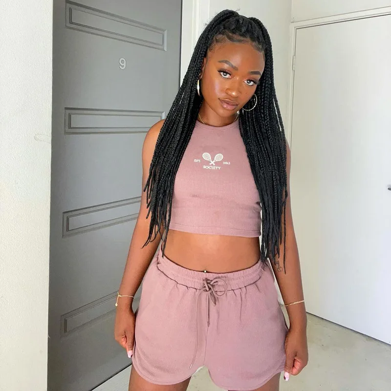

Solid Color Letter Print Embroidery Round Neck Sleeveless Sexy Crop Vest and Drawstring Shorts Two Piece Set Women Sweatsuits