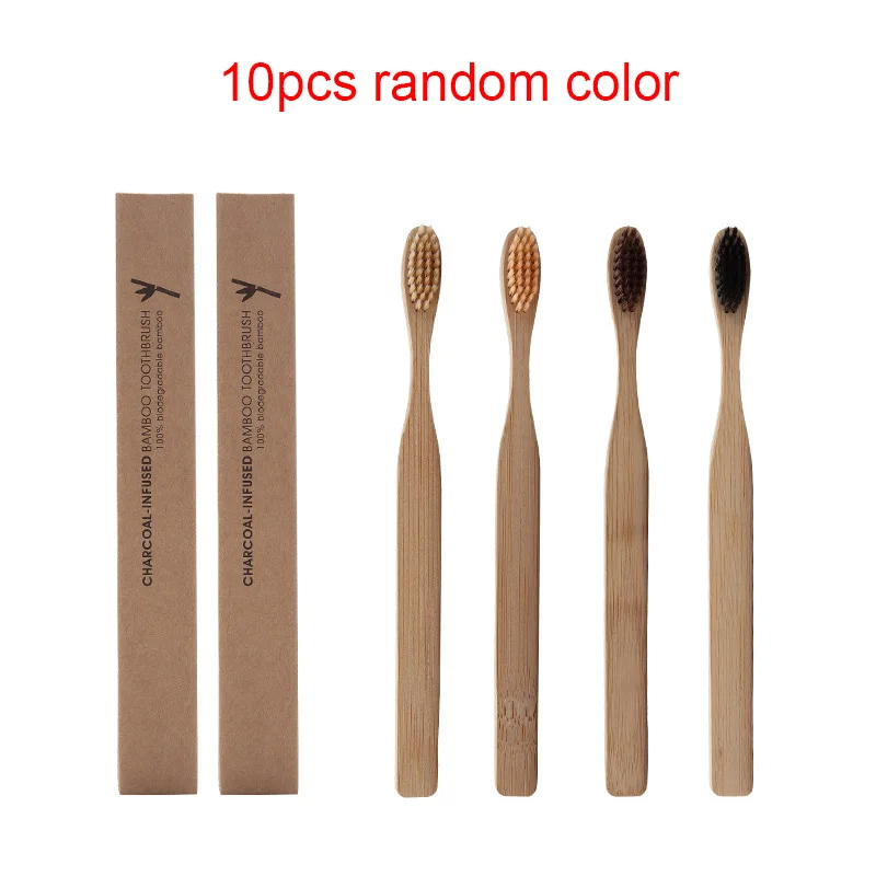 10Pcs random color 10 шт. Экологичная бамбуковая зубная щетка деревянная зубная щетка мягкая щетина кончик уголь для взрослых уход за полостью рта дорожная зубная щетка 4 цвета - Цвет: 10Pcs random color