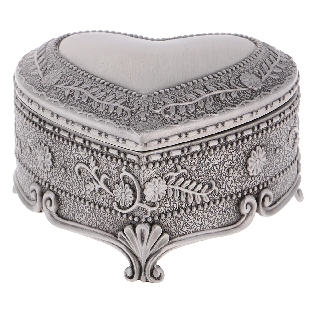 

Silver Jewelry Box , Olive Branches And Leaves Surrounding The Heart Shape Non-wood Storage Box With Flannel Jewelry Box
