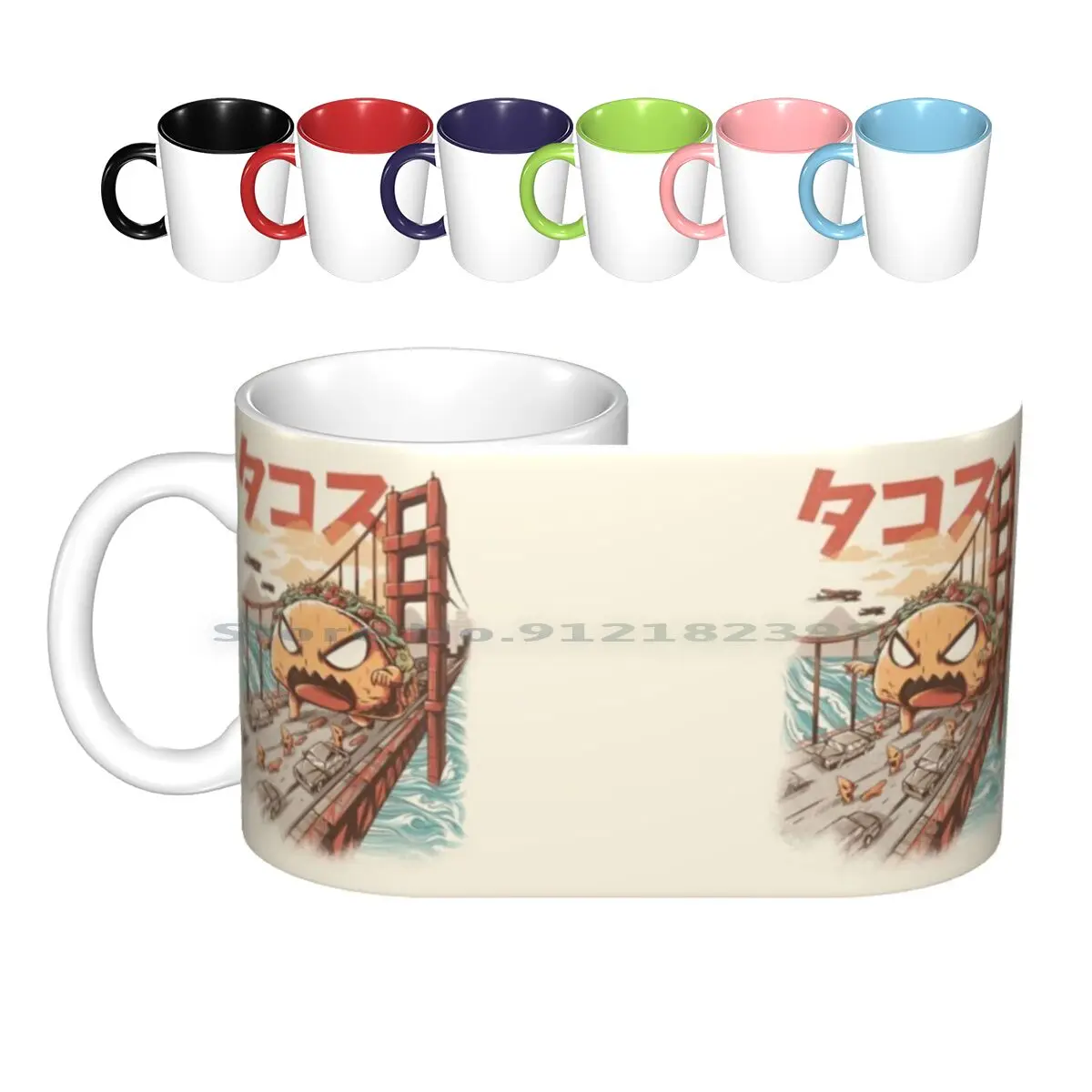 

Takaiju Ceramic Mugs Coffee Cups Milk Tea Mug Monsters Food Sushi Great Wave Off Kanagawa Retro Vintage Great Wave Kaiju Taco