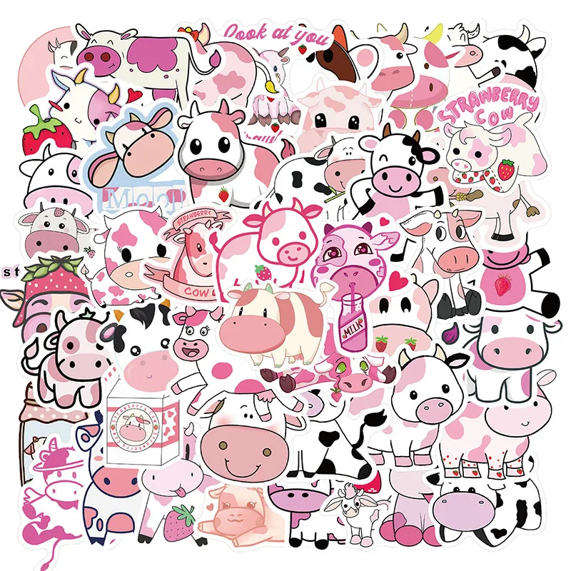 50 Uds de dibujos animados rosa fresa adhesivos de vacas impermeable Animal pegatinas de grafitis para ni&ntilde;os monopat&iacute;n DIY equipaje pegatina de juguete-0