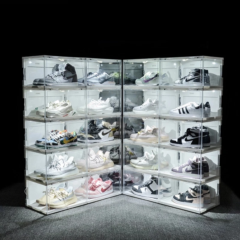 

Voice Control LED Light Shoe Box Sneakers Storage Box Anti-Oxidation Organizer Shoe Wall Acrylic Shoes Collection Display Rack