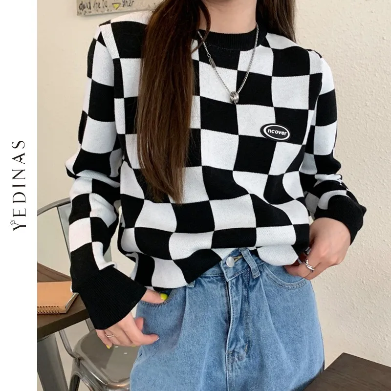 

Yedinas Streetwear Checkerboard Pullover Sweater Women O Neck School Clothes Long Sleeve Ladies Sweaters Jumper Autumn Winter