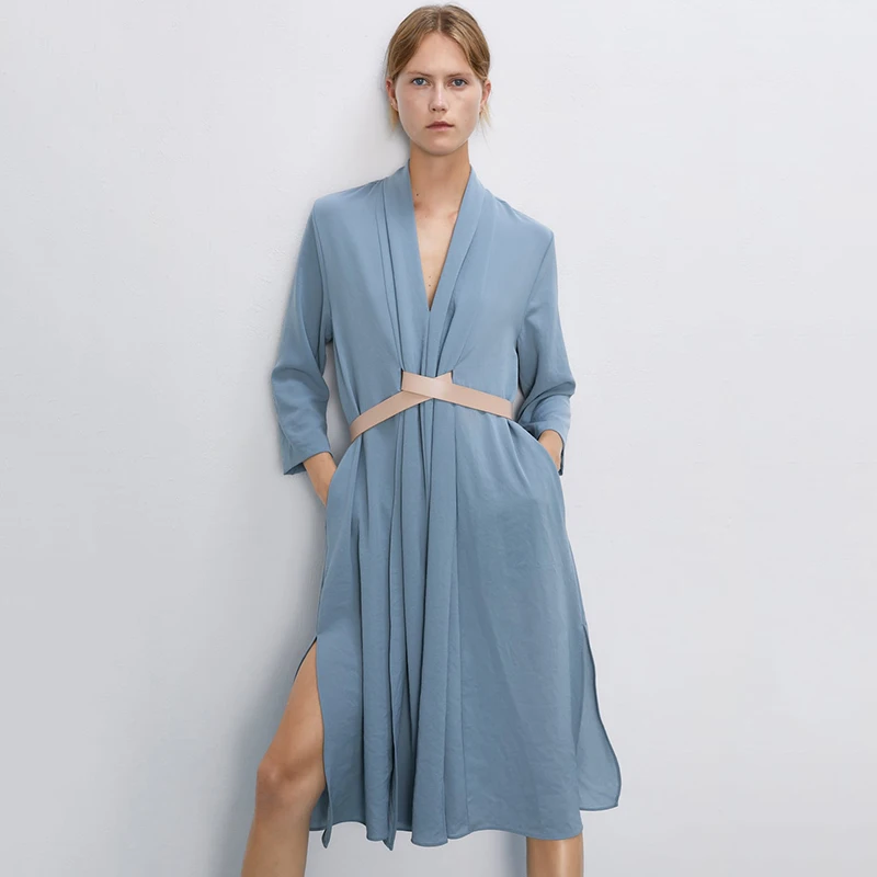 Женское драпированное платье с поясом ZA повседневное однотонное v образным