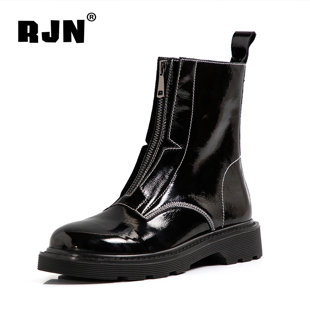 

RJN Punky Style Winter Warm Ankle Martin Boots Woman Genuine Leather Sewing Round Toe Flat Non-slip Low Square Boots RO425