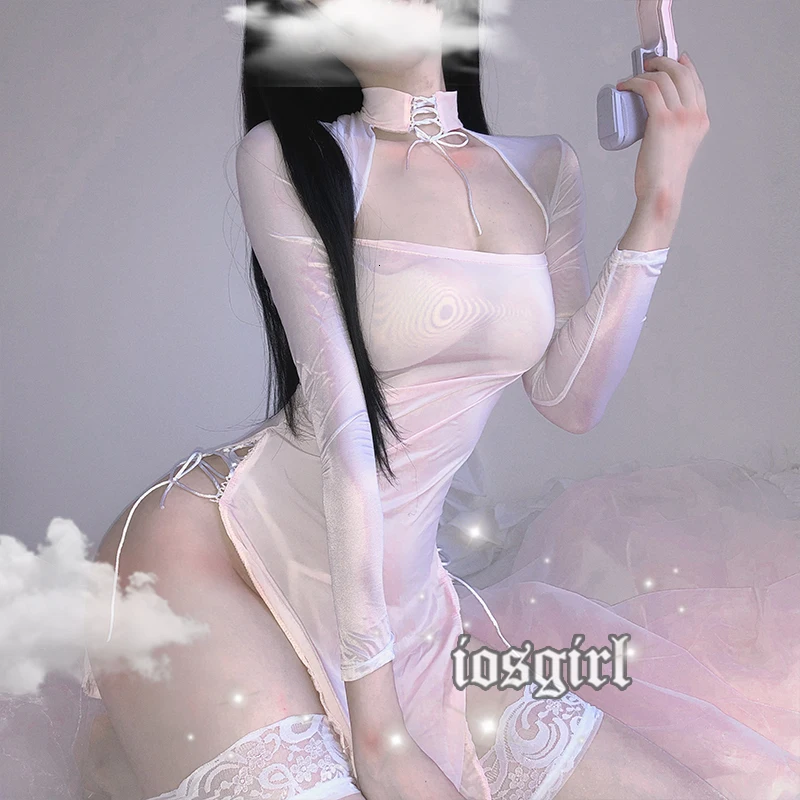 Прозрачный Чонсам с низкой грудью тонкая Соблазнительная Шелковая пижама юбка