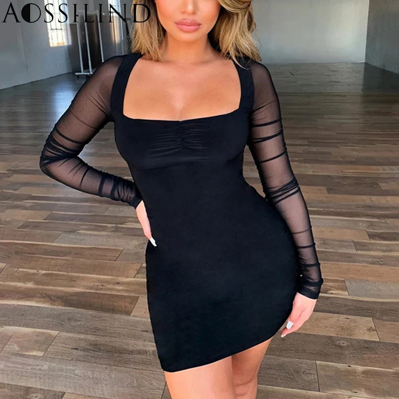 

AOSSILIND Transparent Mesh Patchwork Sexy Bodycon Dress Long Sleeve Square Collar Mini Women Dress Black Slim Club Party Dresses
