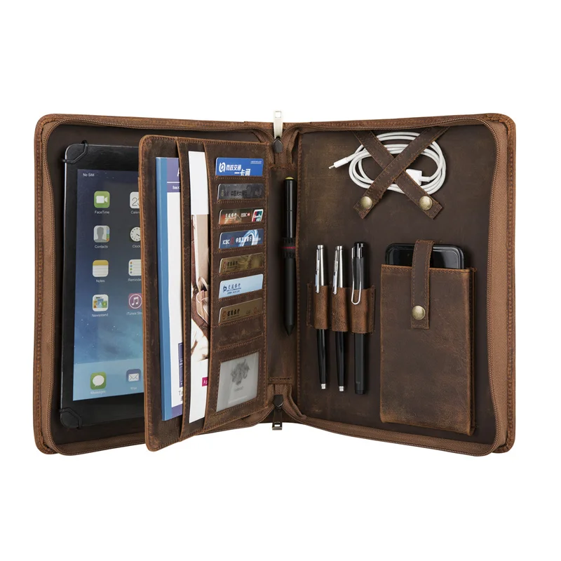 Brown-iPad Mini Винтажная кожаная папка-портфель Crazy-Horse ручной работы с держателем блокнота размера А5, деловой чехол для переноски для женщин - Цвет: Brown-iPad Mini