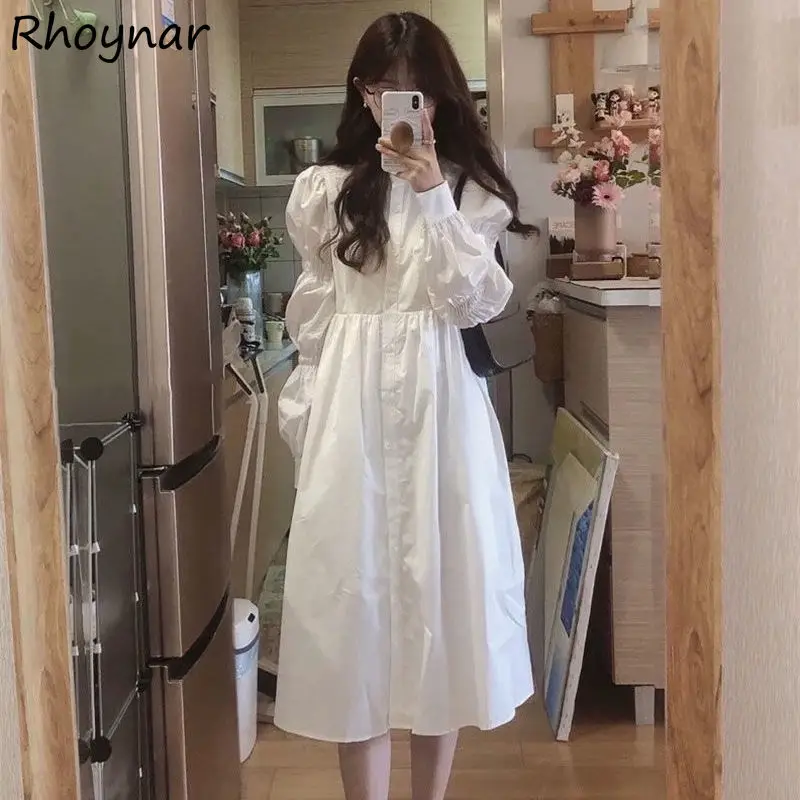 

Dress Women Simple Sweet Preppy Single Breasted Mid-calf Girlish Elegant Solid White Puff Sleeve Turn Down Collar Folds Ulzzang