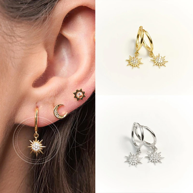 

Hoop Earrings Women 925 Sterling Silver Zircon Huggie Earrings Hollow Jewelry Small Pendant Sun Earrings Girls Jewelry