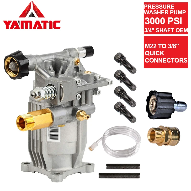 

Насос для мойки высокого давления YAMATIC Max, 3000 PSI/207 бар, 2,4 GPM, горизонтальный вал 3/4 дюйма, OEM и M22 до 3/8 дюйма, быстроразъемный комплект