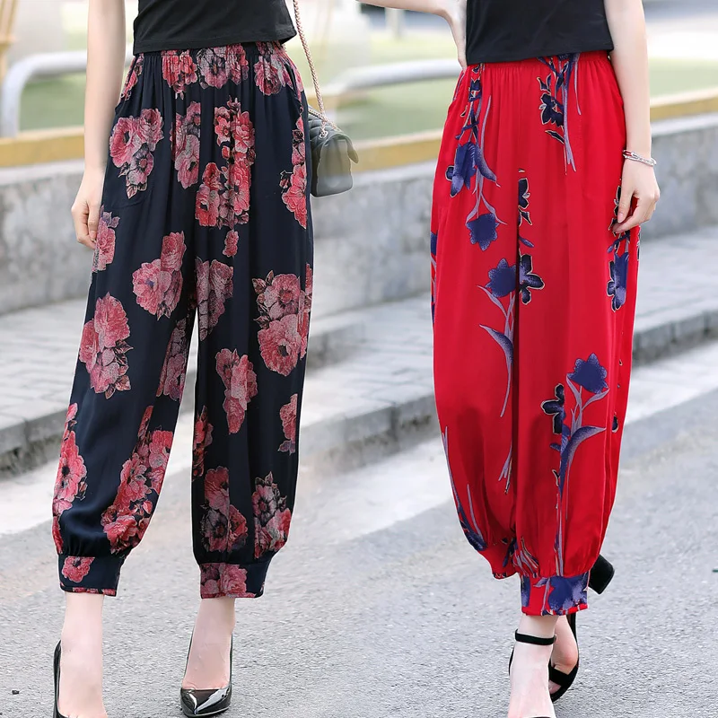 Женские брюки летние размера плюс штаны в полоску с цветочным принтом пляжная