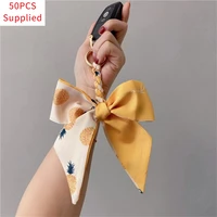 50pcs fashion scarf keychain charm fruit flower print ribbon bowknot holder car keyring bag charms pendant jewelry gift supplied