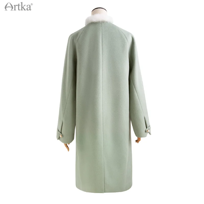 Женское шерстяное пальто средней длины ARTKA белое длинное с кроличьим мехом