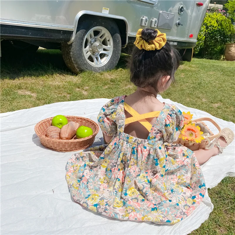 

Girls Korean Floral Dresses 2021 New Summer Toddler Girls Costumes Short Sleeve Children Backless Casual Clothing 1-6T