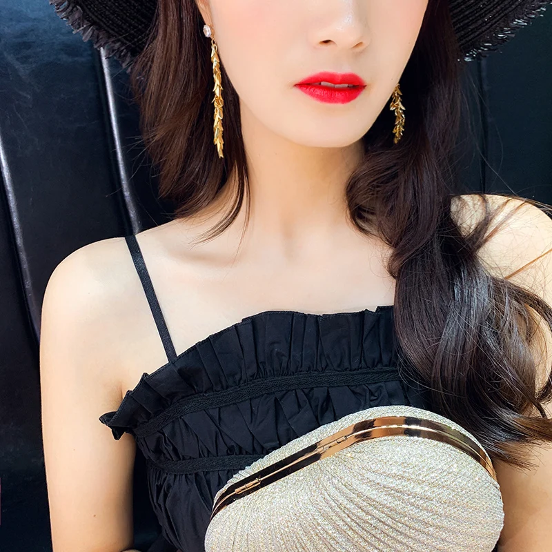 

DREJEW Long Tassel Gold Leaf Zircon Alloy Statement Dangle Earrings 2019 Korean Fashion 925 Drop Earrings for Women HE1361