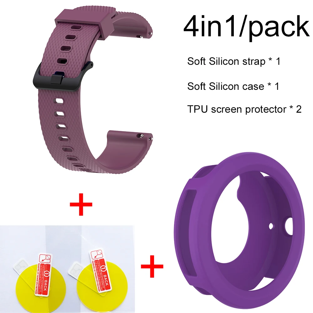 Purple-Purple Case 4в1 умные часы аксессуары для Garmin Vivoactive3 Ремешок Браслет мягкий силиконовый браслет для Vivoactive 3 Чехол пленка для экрана - Цвет: Purple-Purple Case