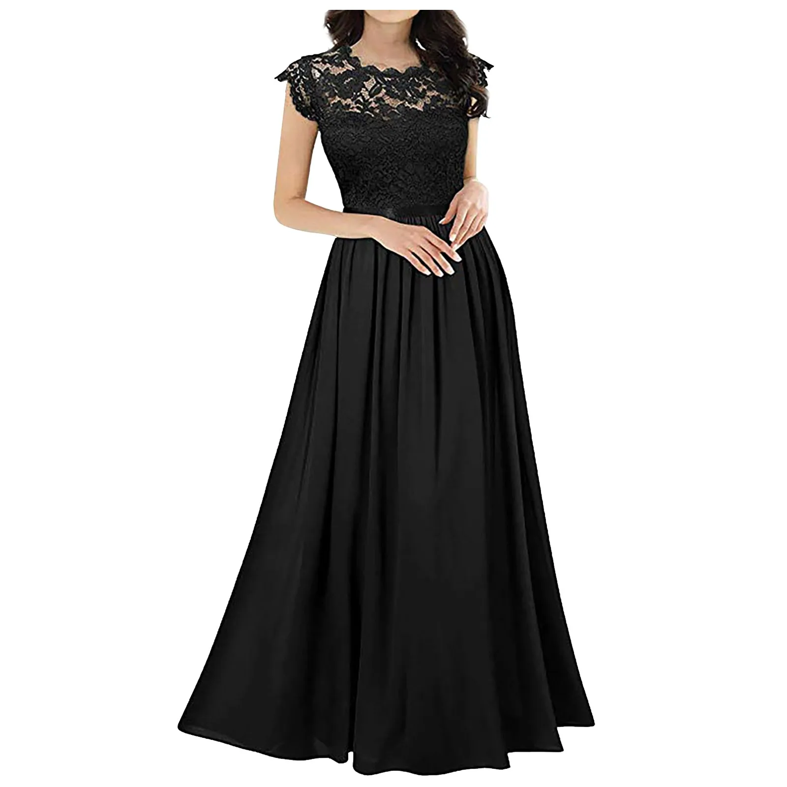 

Women Long Dress Chiffon Dress Stitching Lace Female Bridesmaids Pure Color Round Neck Wedding Party Dresses 2021 Vestido Femme