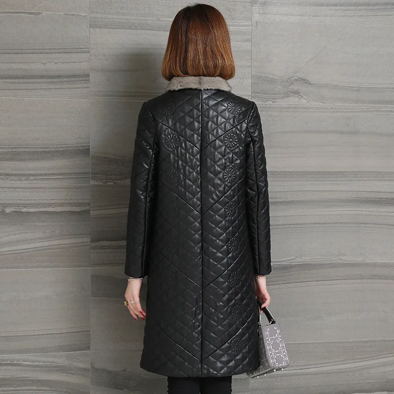 Дизайнерское пальто из натуральной кожи для женщин OL стиль вышивка цветочный