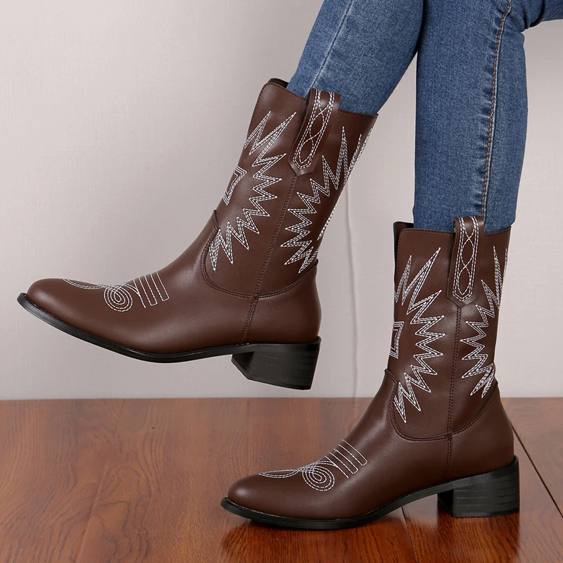 Women's Winter Boots Fashion Leather Embroidered Western Warm Short Boots Round head Party Office Boots Mujer 35-41