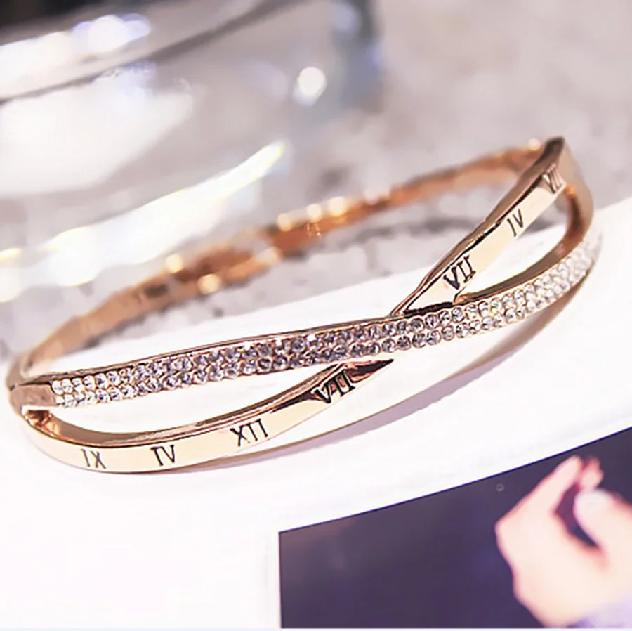 Римские цифры Роскошные CZ H манжеты цвета розового золота женские браслеты крест