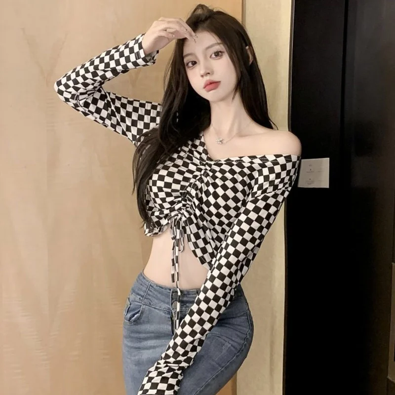 

Top TVVOVVIN Plaid Drawstring Long Sleeve Autumn Short Spice Girl Top Tshirt Sweet Plaid Zebra V-neck Tees Hot Sexy Korean LJ5T