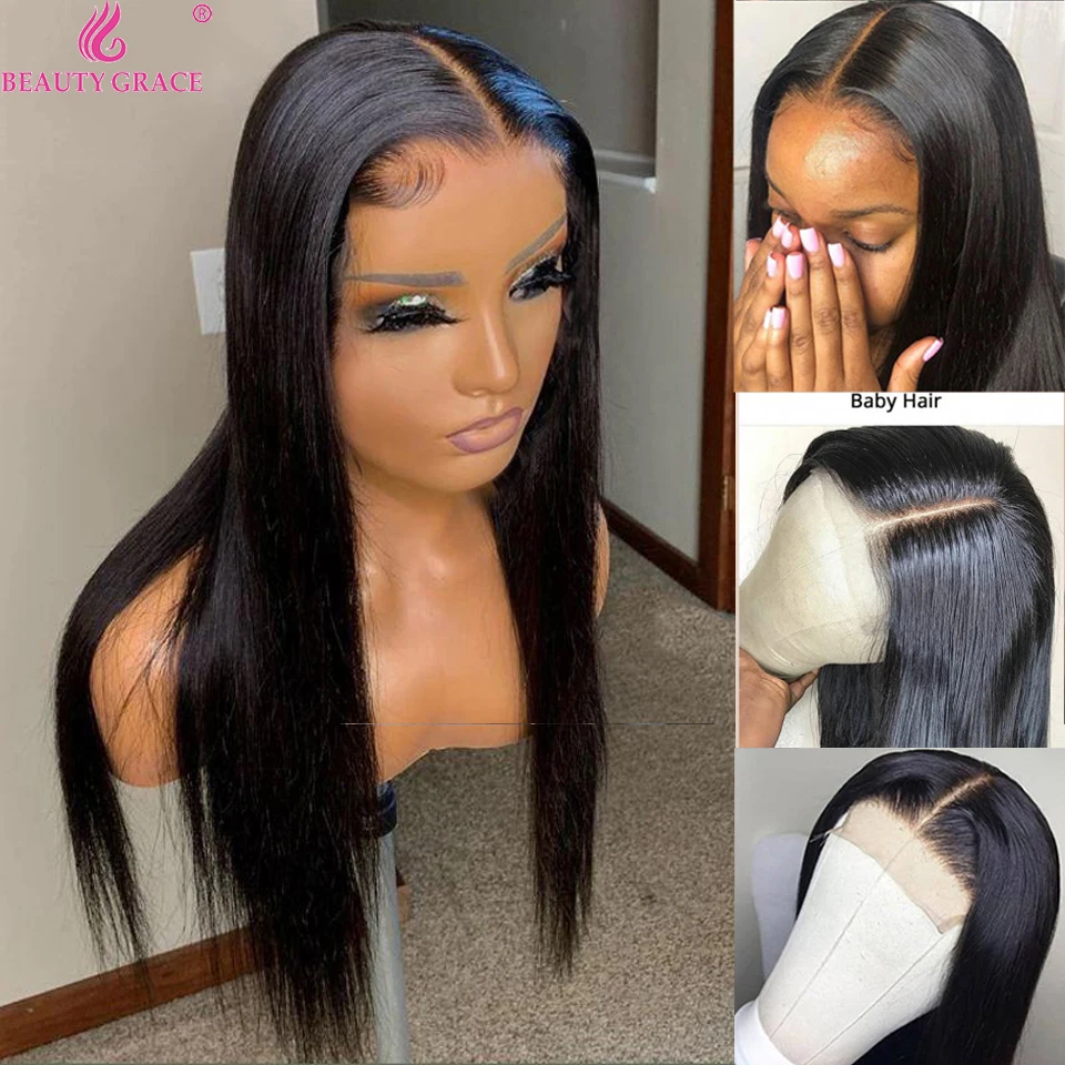 Парик Из прямых человеческих волос 40 дюймов 4x4 парик из на сетке спереди