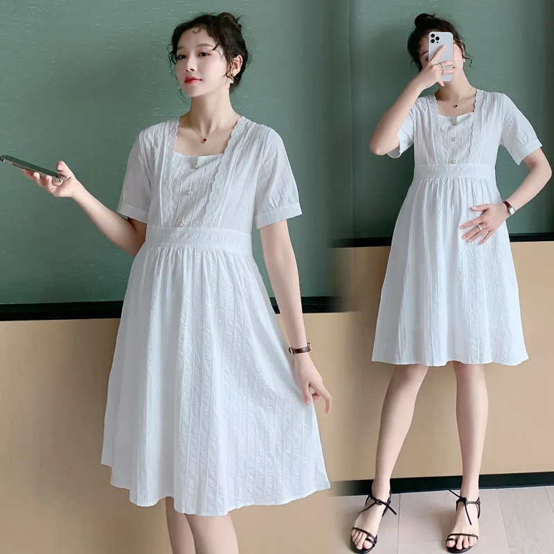 

2021 Summer Korean Fashion White Cotton Maternity Dress Elegant A Line Loose Clothes for Pregnant Women Sweet Pregnancy Party
