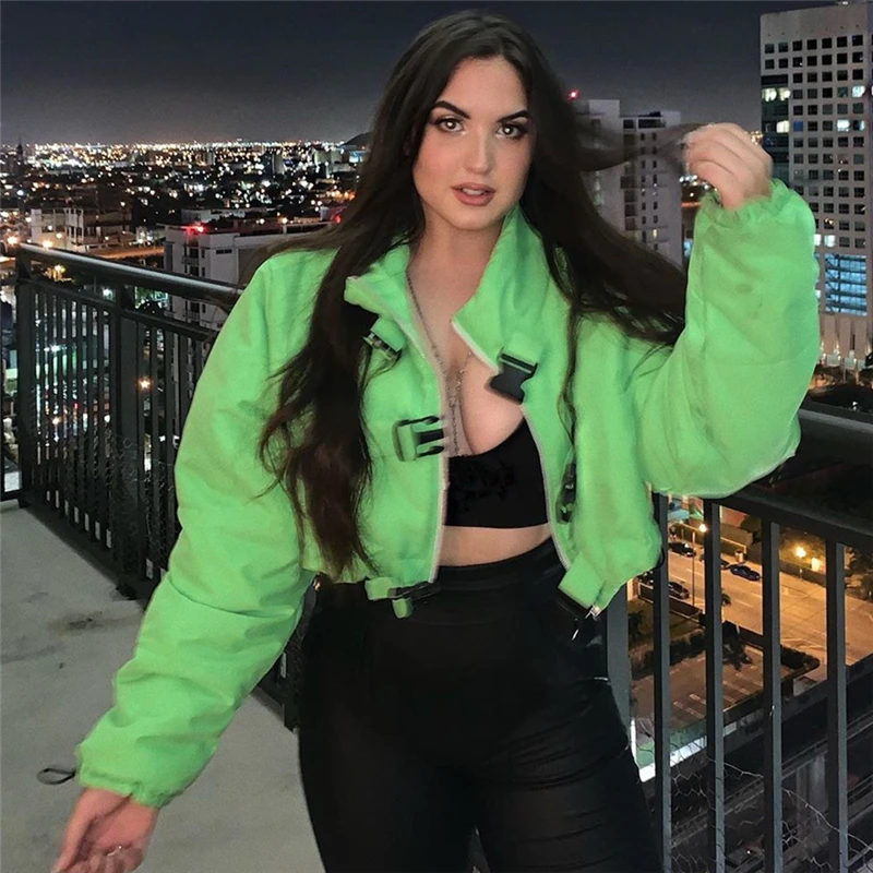 Женские модные зимние куртки короткое теплое пальто флуоресцентная зеленая