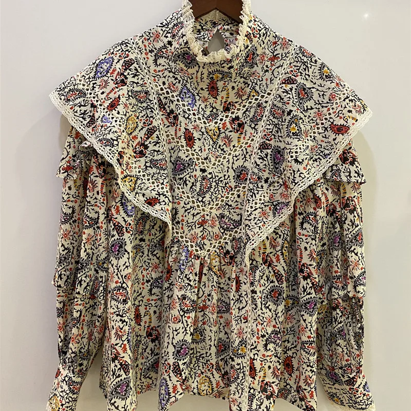 Женская блузка в стиле ретро с принтом кешью кружевная длинными рукавами и