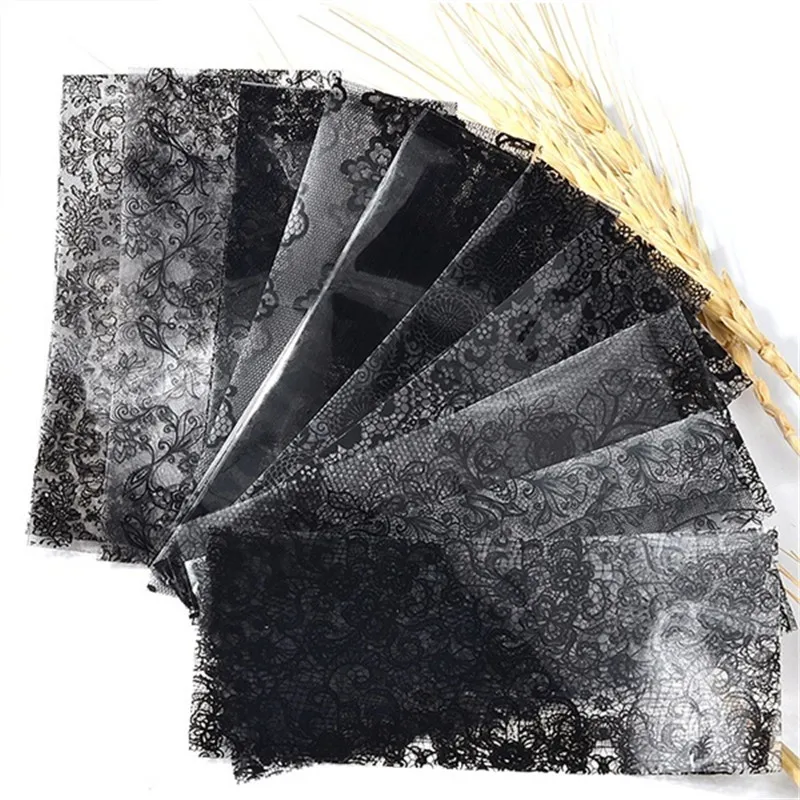 10 шт./компл. модные женские черные кружевные цветы Переводные Фольга для ногтей