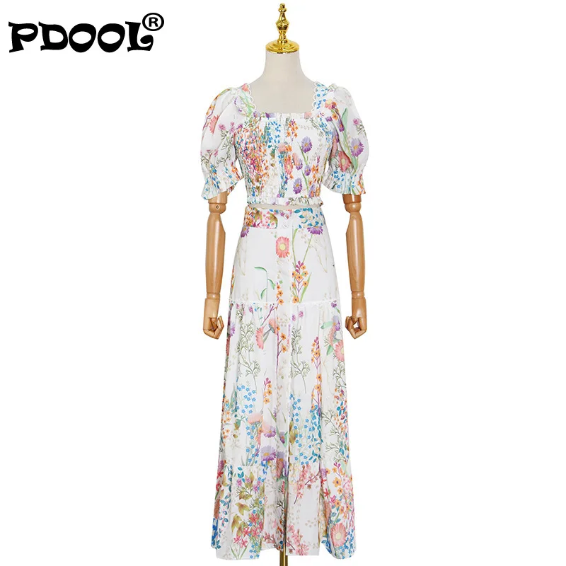 

Print Two Piece Set For Women Square Collar Puff Short Sleeve Tops High Waist Side Split Skirts Casual Sets Female 2021 New
