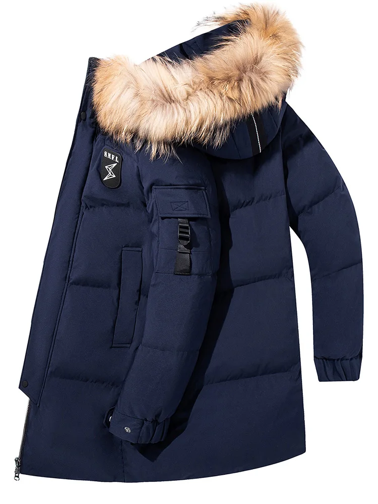 Big Fur Collar down Jacket Men's Mid-Length Fashion Thickened Hooded Business Casual Jacket Trendy