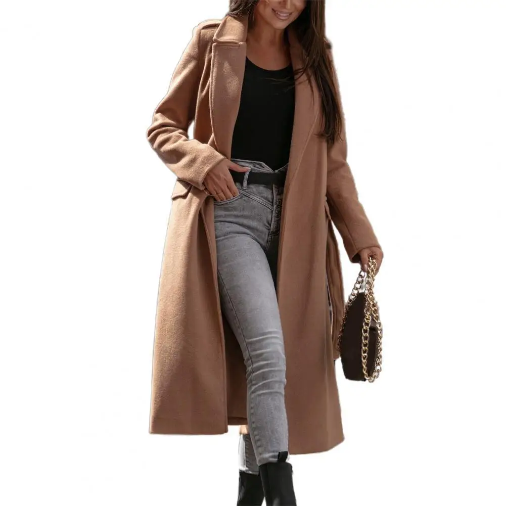 

Dropshipping!!Women Oversize Coat Solid Color Belt Autumn Winter Turndown Collar Split Hem Long Coat for Dating
