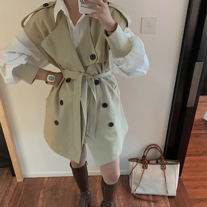 

[EWQ]Long-sleeved Shirt Casual Double-breasted Trench Coat 2021 Summer Loose Ladies Clothing Windbreaker Chic Ladies 2-piece Set