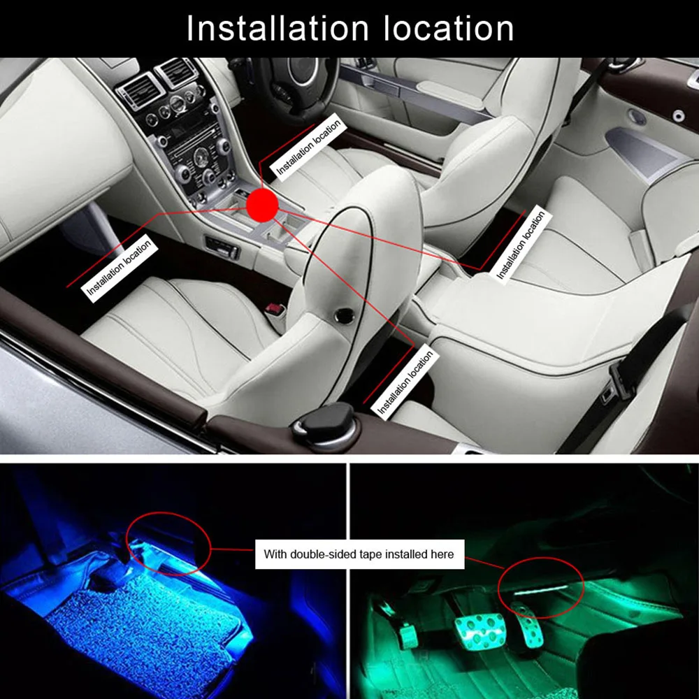 4pcs/set 12V LED Car Interior Floor Decorative Strip Light 12 SMD Remote Music Control Colorful RGB Auto Atmosphere Lamp | Автомобили и