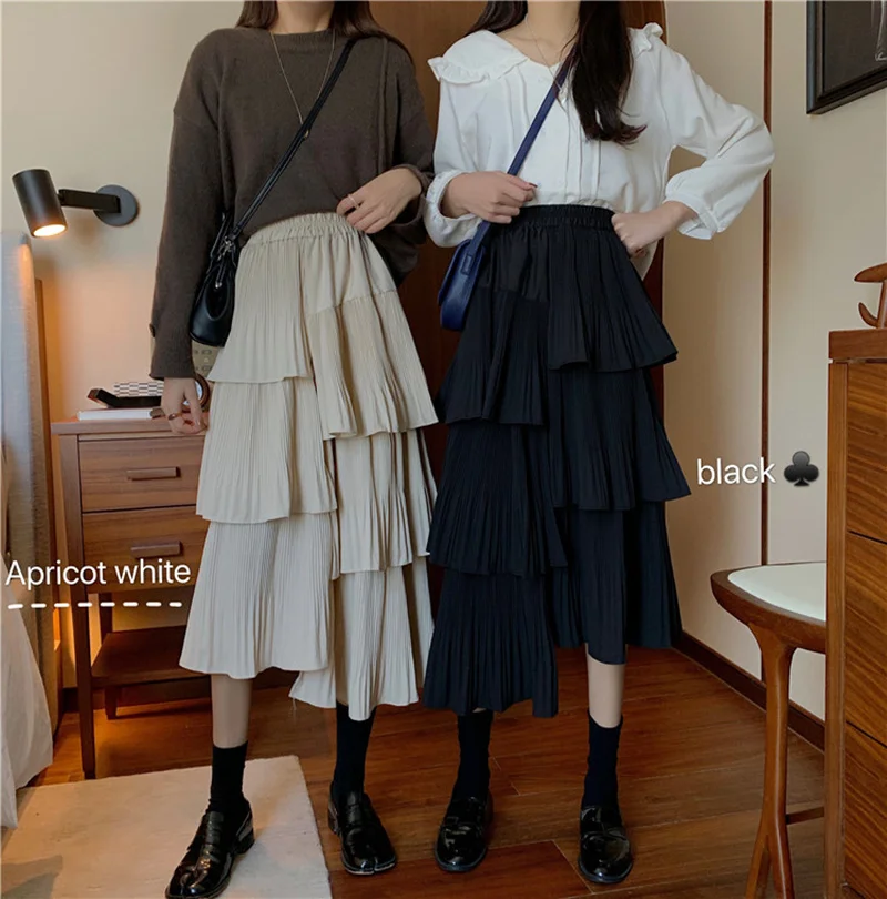 

REALEFT Spring Women Elegant Ruffles Long Skirts Elastic High Waist Irregular Harajuku Tulle A-Line Mid-Calf Skirts Ladies 2020