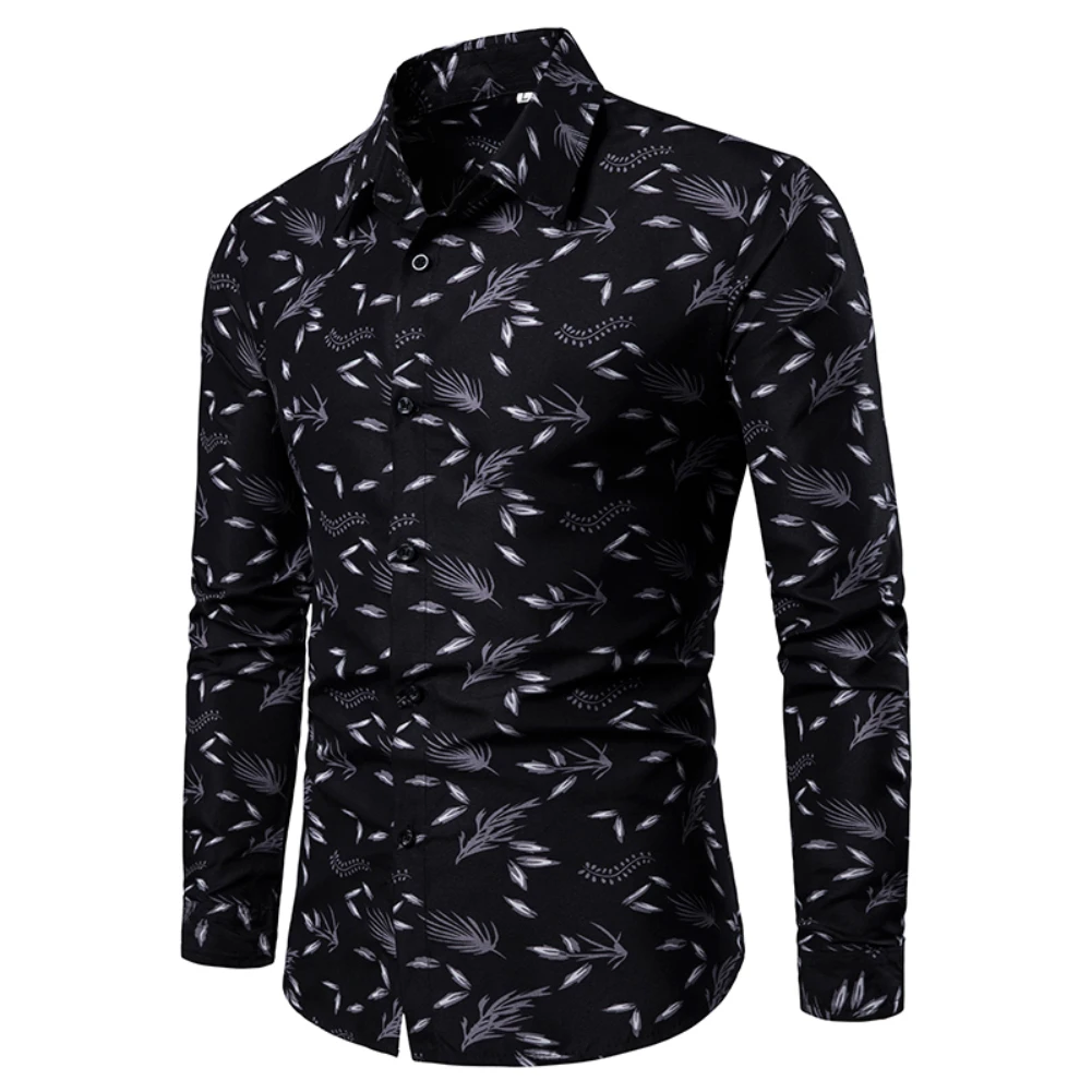Luxury Men Shirts Turn Down Collar Long Sleeve Leaf Print Slim Single Breasted Shirt Male Social Business Dress Shirts Tops
