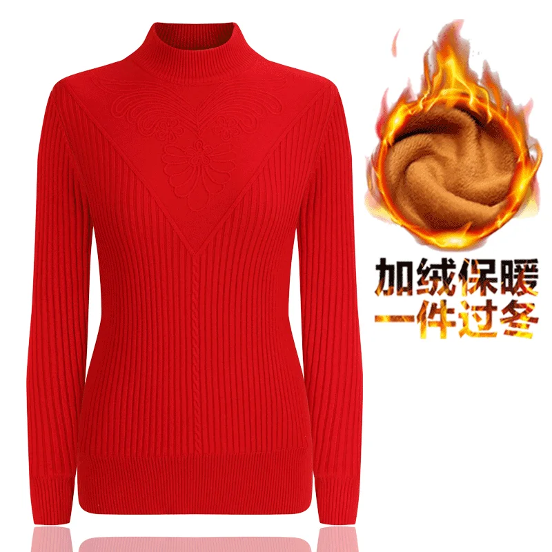 Свитера для матери среднего возраста плюс бархатная теплая вязаная джемпер