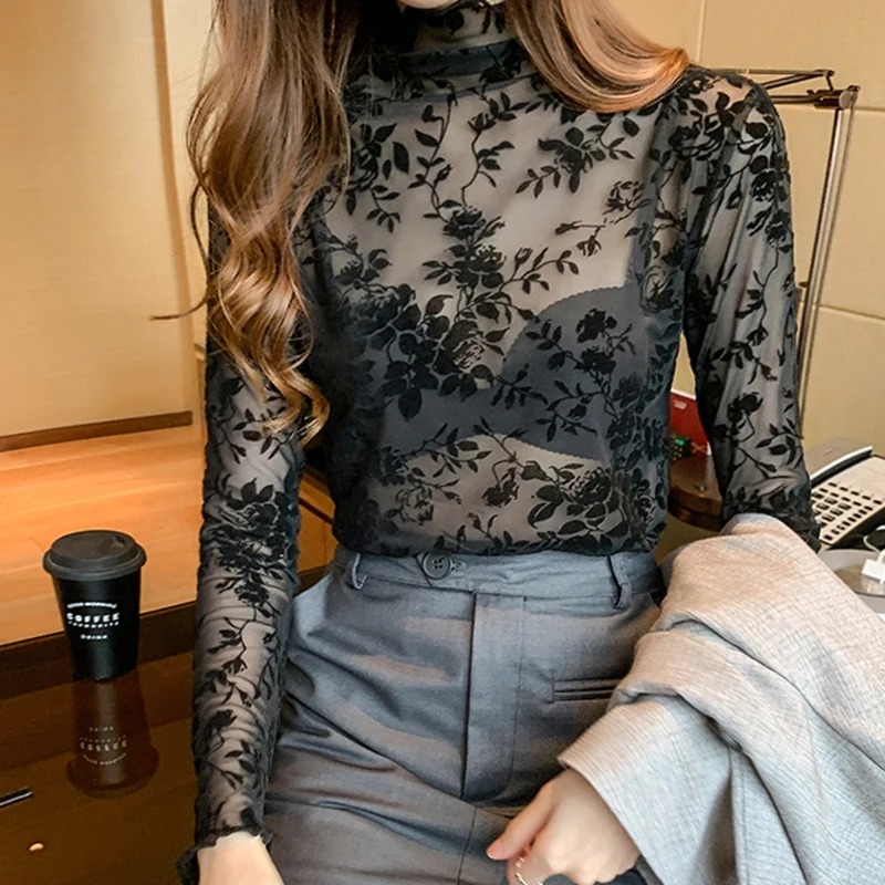 

LJSXLS Women Summer Style Thin Blouses Lady Casual Long Sleeve Turtleneck Printed Shirts Sexy Slim Mesh See-Through Blusas Tops