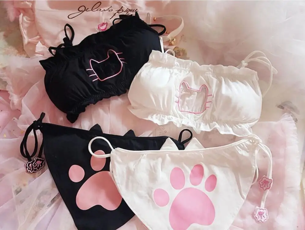 

Japanese anime cos sexy cute Cat girl cotton hollow Out Sexy Open Chest Lace-up Underwear Set Cosplay Cute lace panties set