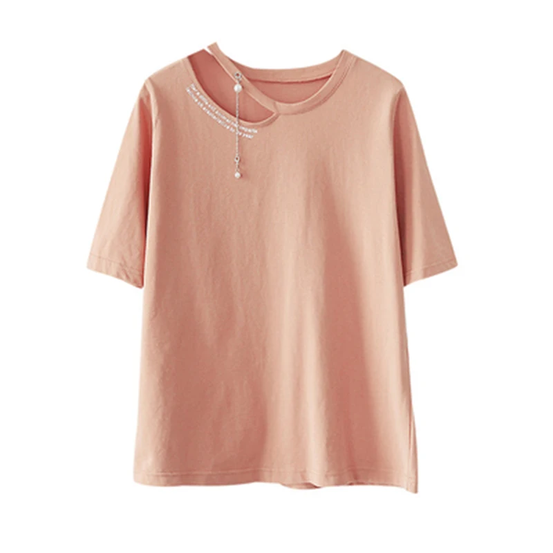 Женские летние футболки 2020 забавные ажурные с жемчугом Женская хлопковая