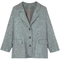 fashion trend women lapel blingbling sequins long sleeves suit jacket single breasted elegant spring office lady coat casual loo