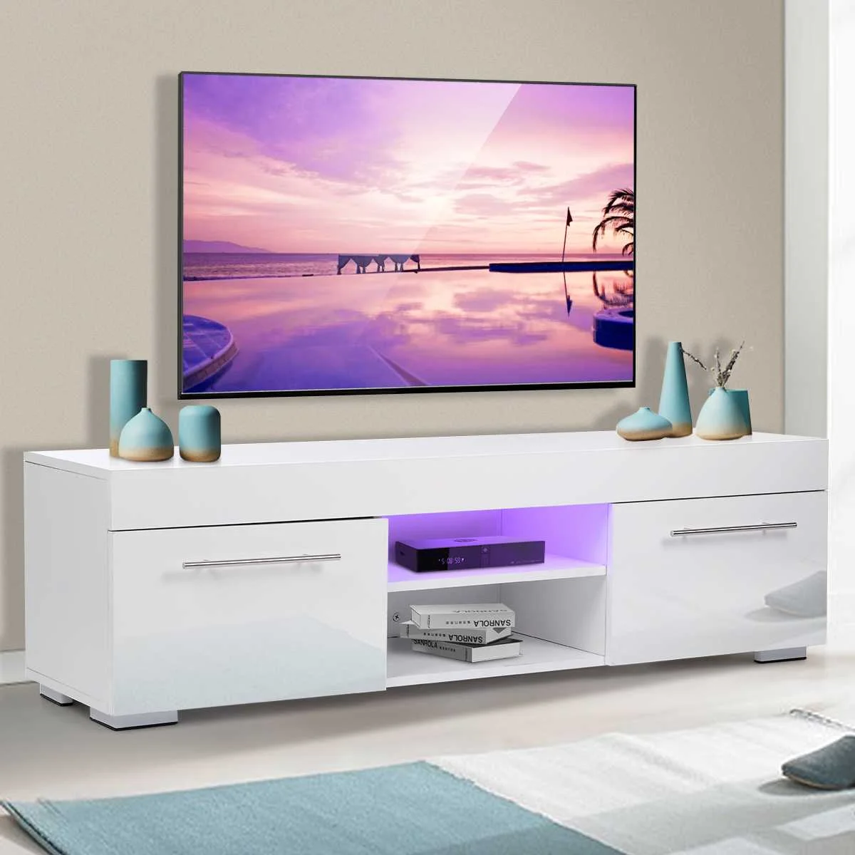 

51'' High Gloss Modern TV Unit Bracket with LED Light TV Stands Living Room Furniture TV Cabinet with 2 Drawers Home TV Stands