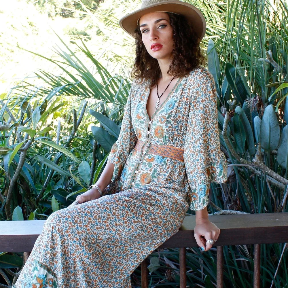 TEELYNN Gypsy Макси женские платья цвета хаки из вискозы с цветочным принтом летние платья сексуальное с v-образным вырезом с регулируемым поясом бохо платье vestidos