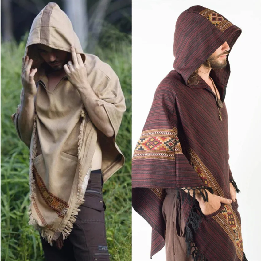 

New Fashion Halloween Costumes Man Medieval Cosplay Party Costumes Cotton Viking Vintage Fancy Hooded Tassel Coats For Male