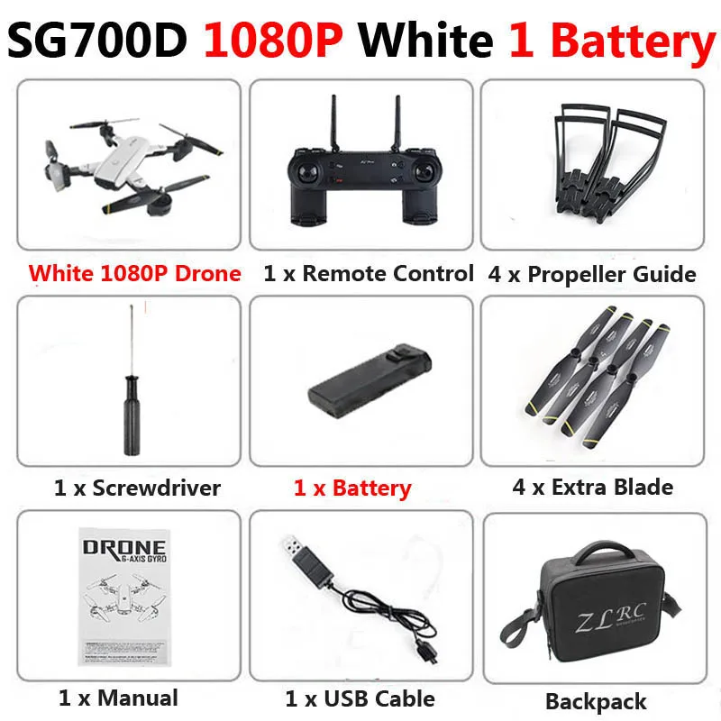1080P White 1B Bag SG700-D WiFi FPV Mini Drone двойная камера 720P 1080P 4K оптический поток воздушная видео Профессиональный складной Радиоуправляемый квадрокоптер игрушка XS809S - Цвет: 1080P White 1B Bag