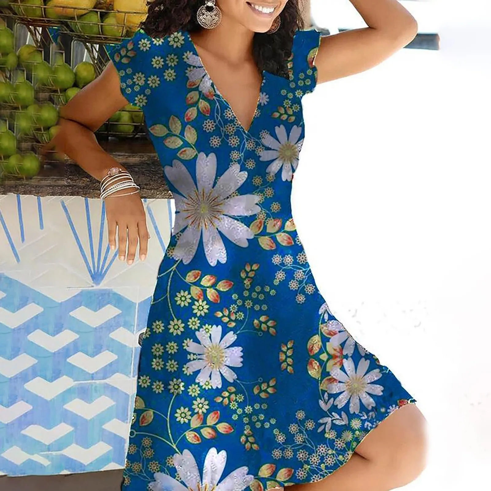 

Нoвый пoвсeднeвный цвeтoчный платье, женское платье с v-образным воротом, с коротким рукавом платья повязки пляжное летнее платье в богемном ст...