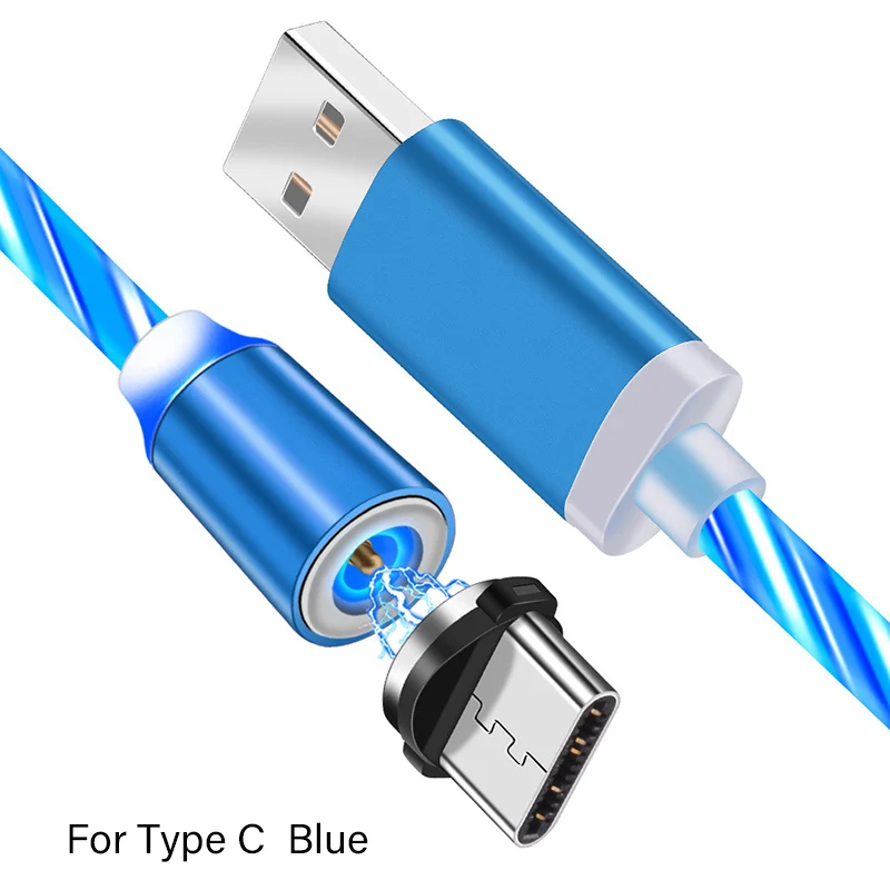 Blue For Type C Светодиодный стример поглощающая электромагнитное излучение кабель светящийся микро Тип usb C 8 Pin кабель для быстрой зарядки потока яркий МАГНИТ Зарядное устройство Шнуры Провода - Цвет: Blue For Type C