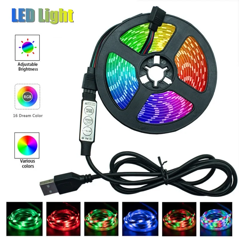 

Светодиодная лента RGB 2835 с 3 кнопками управления, декоративная Гибкая лампа с USB-кабелем, Диодная Подсветка для стола, 5 в постоянного тока, 5 м